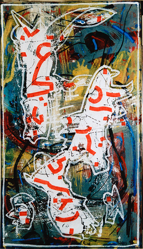 Zeichensprache 1985/1991, Mischtechnik auf Hartfasertafel, 102 x 62 cm